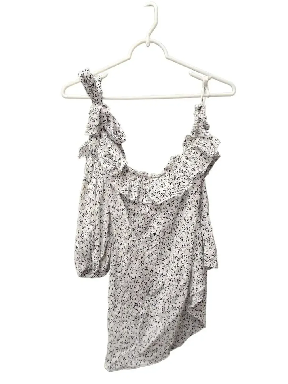 Ulla Johnson Alene Printed Ruffle One-Shoulder White Blue Blouse Top Size 6